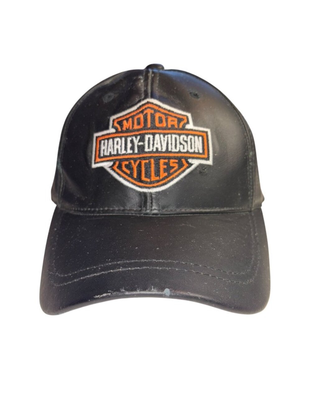 Harley-Davidson Black Leather Adjustable Baseball Cap Embroidered Logo Thrashed